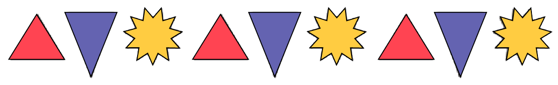 Suite, à motifs répétés de 3 éléments. Triangle qui pointe vers le haut, triangle qui pointe vers le bas, soleil.