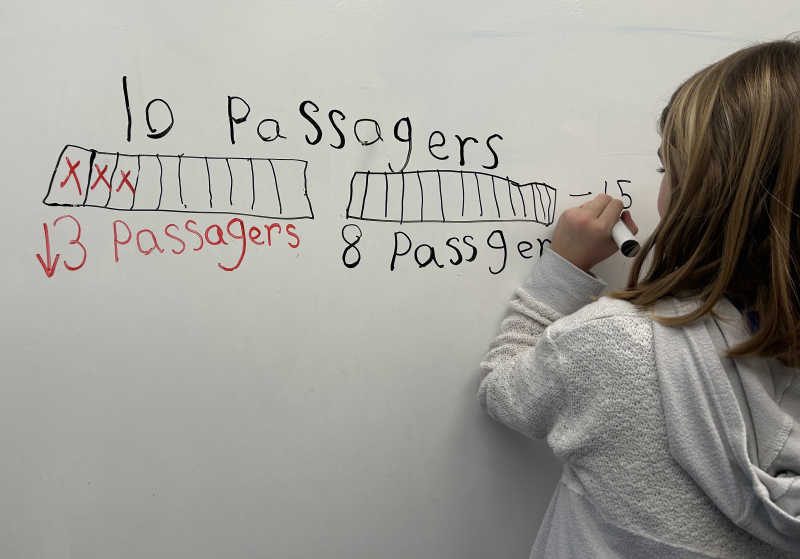 Un élève qui écrit sur une grille où le nombre de passagers est indiqué par des « x. »