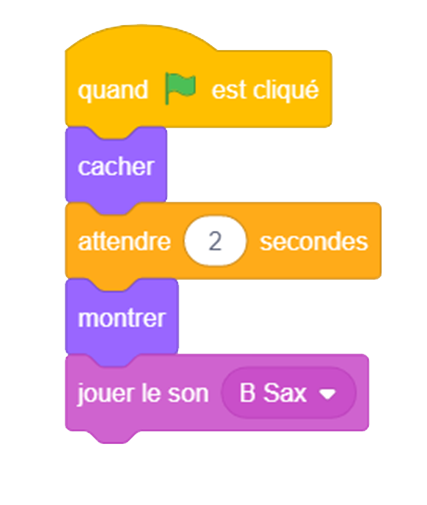 Ligne de codage. Départ quand le drapeau vert est cliqué. Bloc apparence, cacher. Bloc de contrôle, attendre une seconde.  Bloc apparence, montrer. Bloc son, jouer le son « B » Sax.