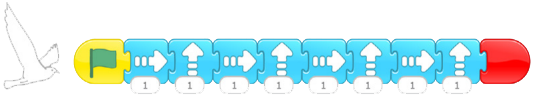 Ligne de codage.Sprite oiseau. Bloc du drapeau vert. Bouges vers la droite, bouges vers le haut. Bouges vers la droite, bouges vers le haut. Bouges vers la droite, bouges vers le haut. Bouges vers la droite, bouges vers le haut. Fin.