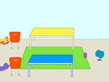 Scène de classe créée avec du codage. La scène comprend deux papillons, deux chaises, deux tables, tapis vert, un verre, un globe terrestre.