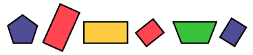 Une séquence de formes : un pentagone violet, un rectangle rouge en position verticale, un rectangle jaune en position horizontale, un carré rouge, un trapèze vert et un carré bleu.