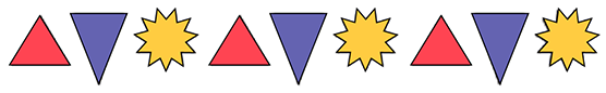 Un triangle équilatéral rouge, un triangle violet aigu dont la pointe est tournée vers le bas et un soleil jaune. Cette séquence est répétée 3 fois.