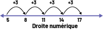 Une droite numérique de 5 à 17, des bonds de plus 3 sont représentés.