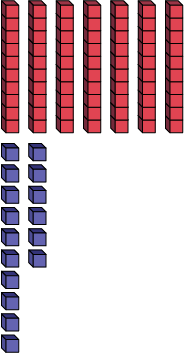 Représentation décomposée du chiffre 86 avec des cubes emboîtables. 7 dizaines et 16 unités. 