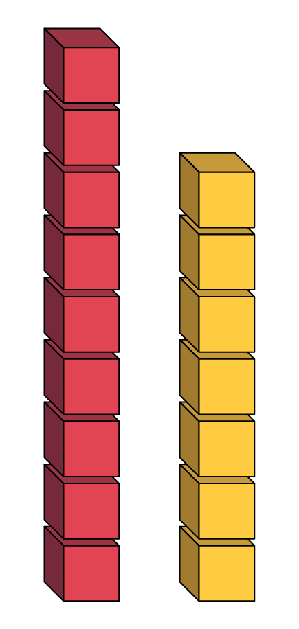 2 paires de tours faites avec des cubes emboitables.La première paire : une tour a 9 cubes rouges et à côté d’elle il y a une seconde tour de 7 cubes jaunes.