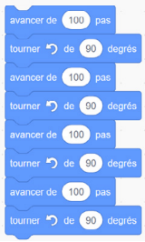 Bloc de mouvement : avancer de 100 pas.Bloc de mouvement : tourner vers la gauche de 90 degrés.Répéter 4 fois.