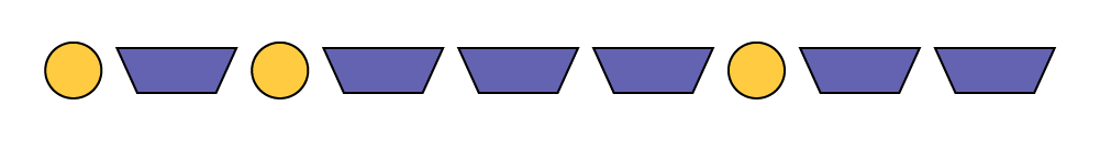 A pattern done with two elements: one yellow circle, one blue trapezoid, one yellow circle, 3 blue trapezoid, one yellow circle, and two blue trapezoids.