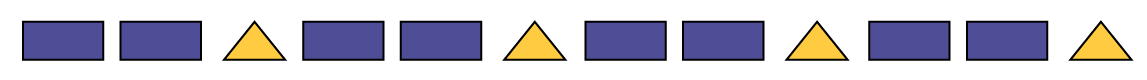 A sequence of a non-numeric repeating pattern with forms: 2 blue rectangle, one orange triangle, repeated 4 times.