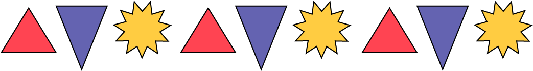 Suite, non numérique à motifs répétés. Triangle pointe vers le haut, triangle pointe vers le bas, soleil. Cette séquence est répétée 3 fois. 