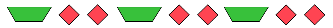 A repeating pattern: green trapezoids, two red diamonds repeated 3 times.