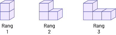 Suite non numérique à motif croissant : suite « C », Rang un, 2 cubes. Rang 2, 3 cubes. Rang 3, 4 cubes.