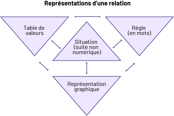 Infographie des représentations d’une relation.Les éléments suivants sont dans des encadrés et ils sont interreliés : « table de valeurs », « règles en mots », « situation, suite non numérique », « représentation graphique ».