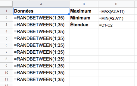 Liste de données représentée dans un tableur avec des valeurs aléatoires. La commande « randbetween » entre un et 35 est entrée 11 fois. 