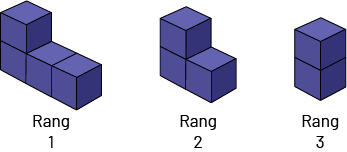 Suite non numérique à motif croissant : Rang un, 4 cubes. Rang 2, 3 cubes. Rang 3, 2 cubes. 