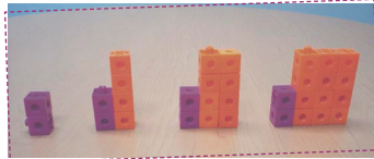 Suite non numérique à motifs décroissants. Figure un, 2 blocs violets, Figure 2, 2 blocs violets et 4 blocs orange, Figure 3, 2 blocs violets et 8 blocs orange, Figure 4, 2 blocs violets et 12 blocs orange. 