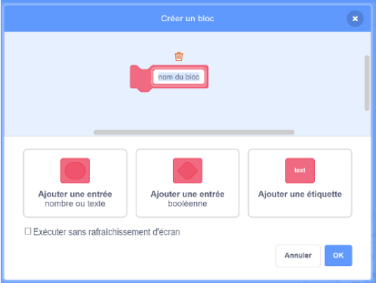 Codes de capture d'écran du bloc ' mes blocs'. Différentes entrées d'ajout : avec texte, booléen et autocollant.