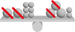 2 grosses billes et 6 petites billes sont à la gauche de la balance. Les grosses billes sont barrées. 3 grosses billes et 2 petites sont à la droite de la balance, 2 des grosses billes sont barrées.   