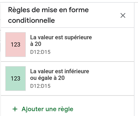 Règles de formatage :  Carré vert marqué 123 : la valeur est supérieure à 20.  Carré jaune marqué 123 : la valeur est comprise entre dix et 20.  Carré rose marqué 123 : la valeur est inférieure à dix. 