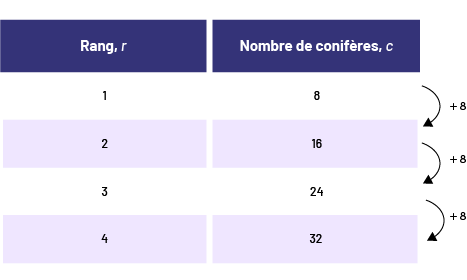 Tableau de valeurs représentant le rang, la parenthèse ouverte, r, la parenthèse fermée et le nombre de conifères.  Les flèches représentent des bonds de plus 8.