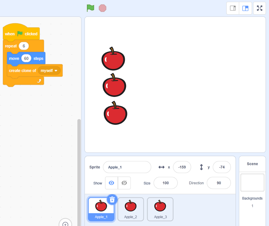 Blocks of code:Events block stating “Start on green flag.”Control block stating ‘’repeat 4’’.Inside are 2 nested blocks.Motions block “move ‘60’ steps.” Controls block stating ‘’create a clone of myself’’.