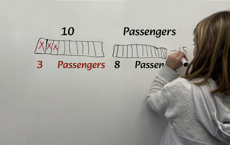 A student is drawing a number line of the board.  The student makes sure the equation is in equilibrium.