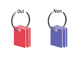 Deux anneaux : un portant l’étiquette Oui, où sont insérés trois cartons rouges, et l’autre portant l’étiquette Non, où sont insérés trois cartons bleus.