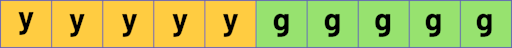 In a row of 10 squares side by side, the first 5 squares are yellow and indicate the letter J, and the last 5 squares are green and indicate the letter V. 