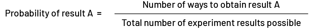 Probability of result A equals number of ways to obtain result A divided by total number of experiment result possible.