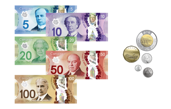 Des billets de 5 dollars, dix dollars, 20 dollars, 50 dollars, 100 dollars, des pièces de monnaie de 2 dollars, un dollar, 25 cents, dix cents, 5 cents.