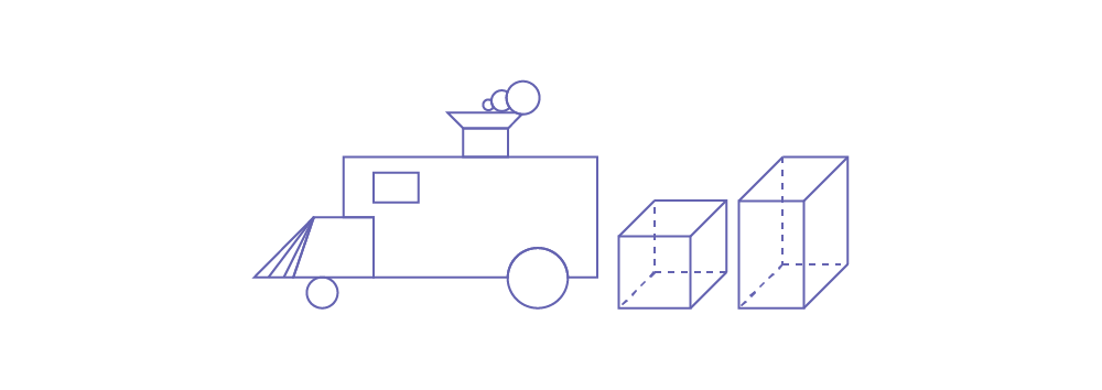 Une locomotive construite avec des figures géométriques suivies « d’un cube, » « un prisme à base rectangulaire. »