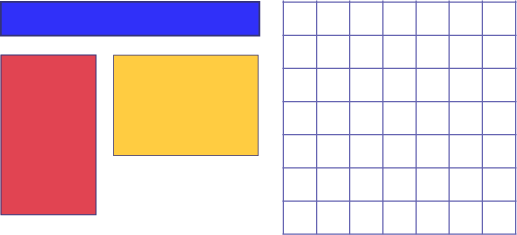 Une série de rectangles. Le premier est mince et long, les deux prochains sont plus épais et plus courts. Un est placé verticalement alors que l’autre est placé horizontalement. Le dernier rectangle est une grille de six rangées et sept colonnes.