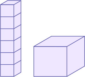 Une tour construite avec 6 cubes de petite taille. Et un cube de grande taille.