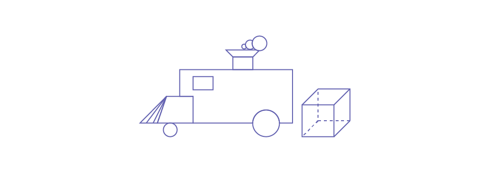 A locomotive built with geometric shapes followed by "a cube."