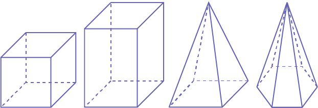 Four solids: "cube," "rectangular-based prism," "square-based pyramid," "hexagonal-based pyramid."