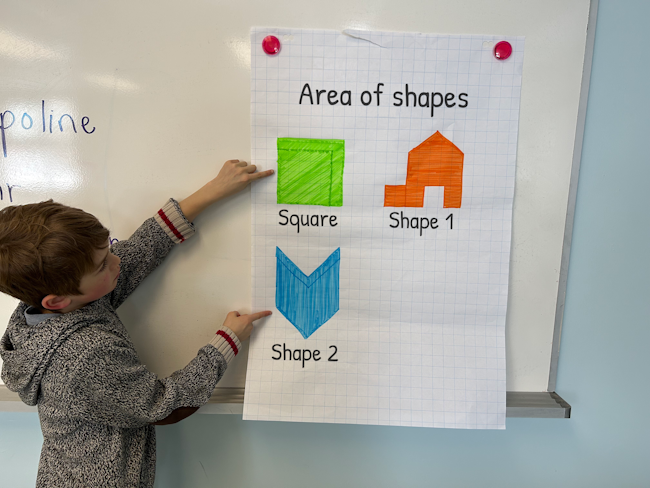 A student is at the board presenting a poster on  shapes. 