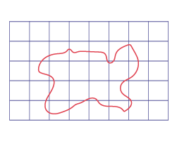 On a checkerboard space, there is a flat shape with curved lines.