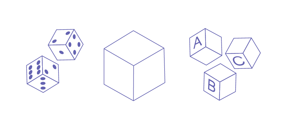 Two dice, a large cube, and three blocks.