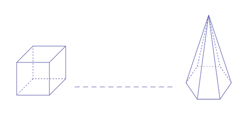 2 solid shapes. A cube and a pyramid with an octagonal base. A dotted line is between the two solid shapes.