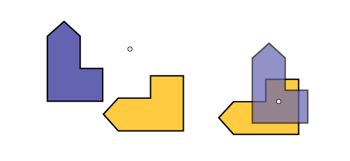 There are two images. In the first one, there are two congruent figures and a point. In the second, there are two congruent figures superimposed and a point in the center of the images.