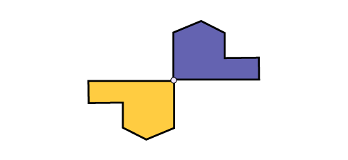 There are two congruous figures with different orientations connected by a point at one of the peaks.