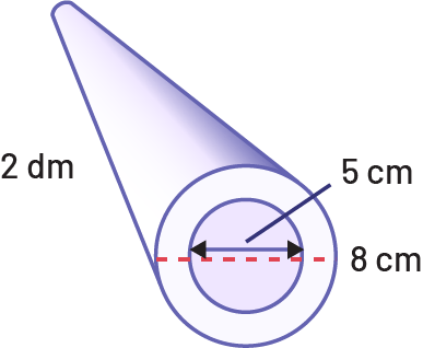 A pipe whose diameter of the inner empty space has a diameter of 5 centimeters., the total diameter of the pipe is 8 centimeters. The height of the pipe is 2 decimeters.