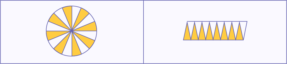 A circle divided into 16 equal sections.
The circles whose parts are cut out and which can fit into a parallelogram.
