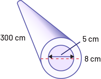 A pipe whose diameter of the inner empty space has a diameter of 5 centimeters., the total diameter of the pipe is 8 centimeters. The height of the pipe is 2 decimeters.