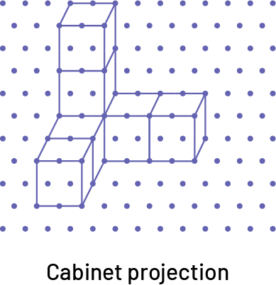 Oblique projection of a solid of 7 cubes, drawn on dotted paper.