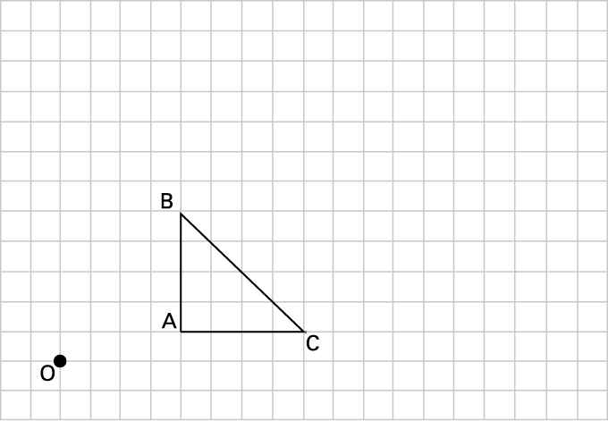 A triangle « A », « B » , « C » is drawn on a grid. An « O » point is placed one line lower than segment « B », « C », and 2 cells to the right of point « B ». 