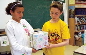 Students measure a box in the shape of a rectangular prism.