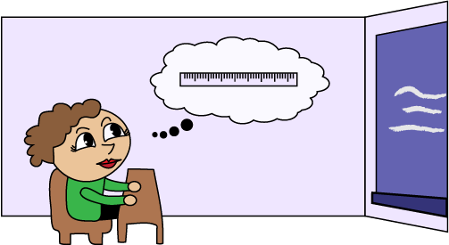 Une élève assise à son pupitre, elle est face au tableau. Dans une bulle de pensée, on voit une règle à mesurer.