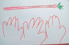 Un dessin où l’on a mesuré un bâton avec 3 mains.