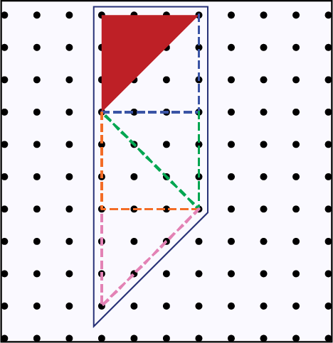 Sur une surface pointillée, 5 figures sont placées ensemble. 2 triangles forment un carré, ils sont collés à 2 triangles qui font un carré, et un dernier triangle. Le tout est placé verticalement.